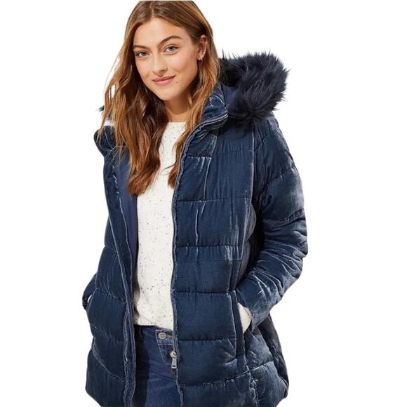 Loft Blue Faux Fur Detachable Hood Crushed Velvet Puffer Quilted Coat Small - Picture 2 of 13